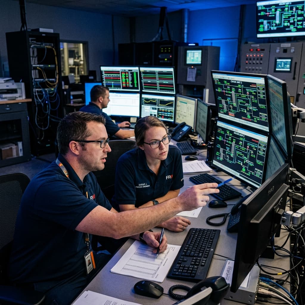 DHGsoft engineers reviewing industrial dashboards